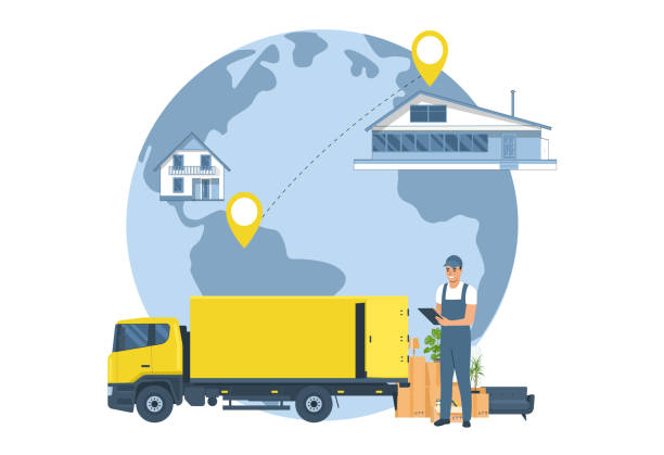 The concept of a service for moving anywhere in the world. Vector illustration.